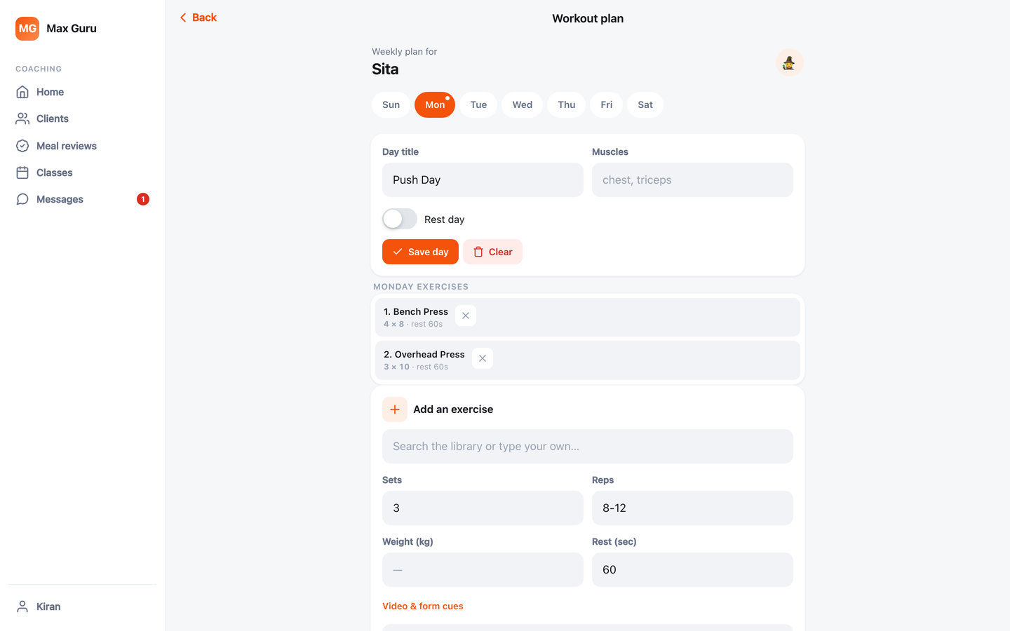 Trainer building a client's weekly workout plan