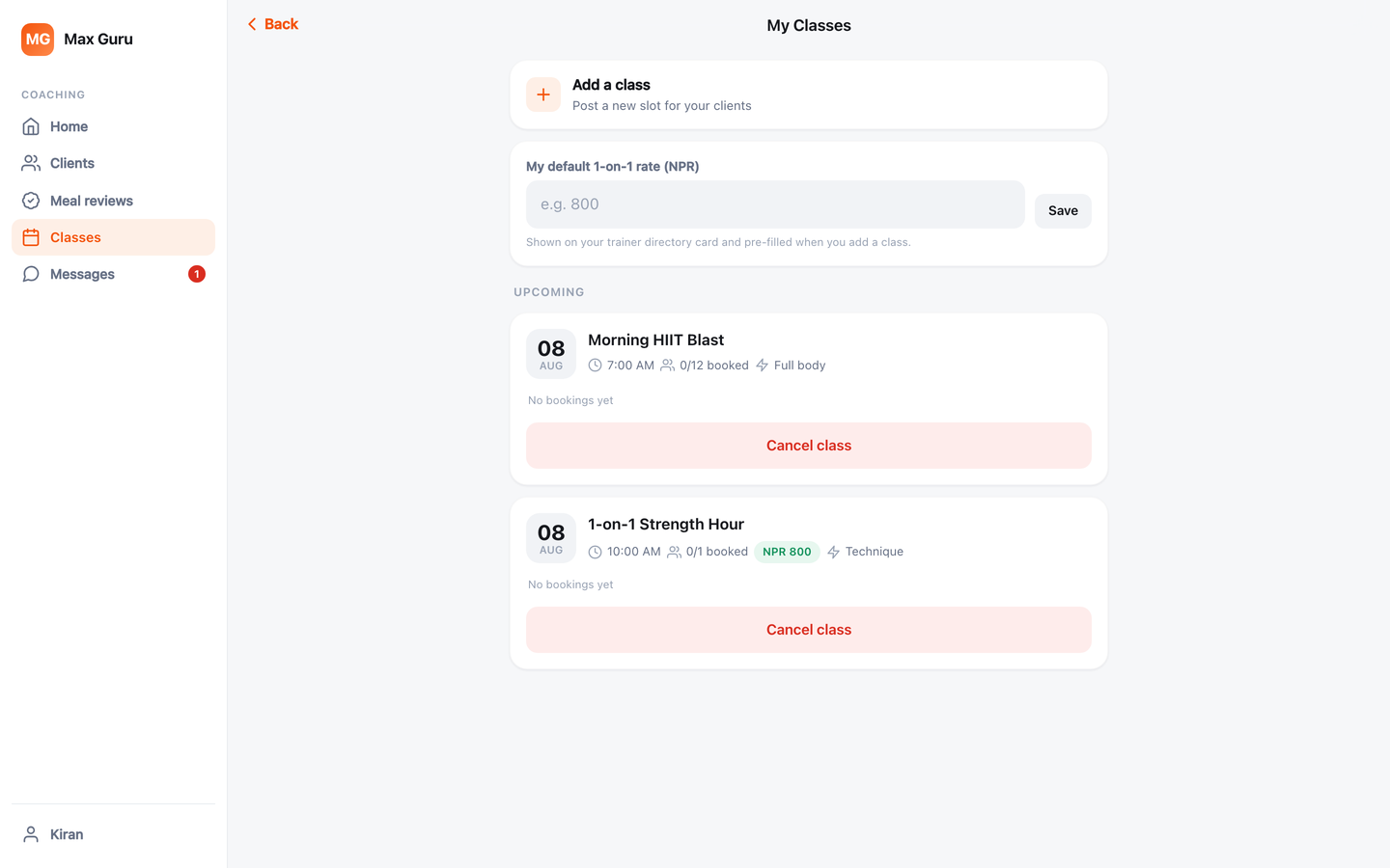 Class management with per-session pricing