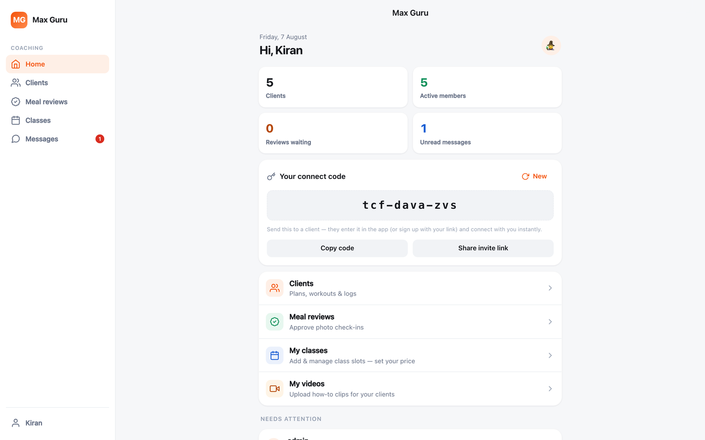 Trainer dashboard with clients, reviews and classes