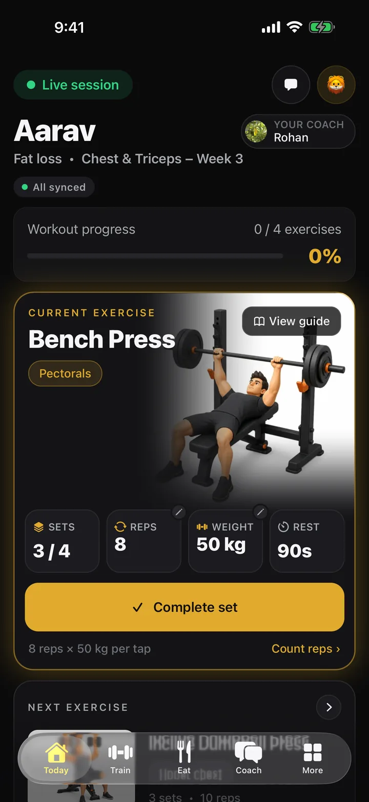 Today screen: Aarav's fat-loss plan, week 3, Bench Press 8 reps at 50 kg with a Complete set button