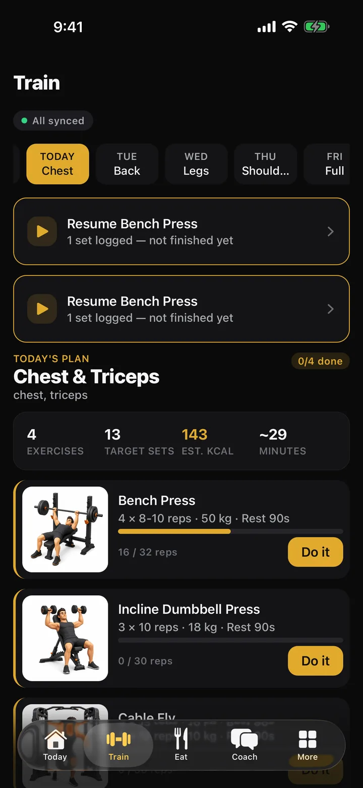 Train screen: today's chest and triceps plan, 4 exercises, 13 target sets, each with a Do it button