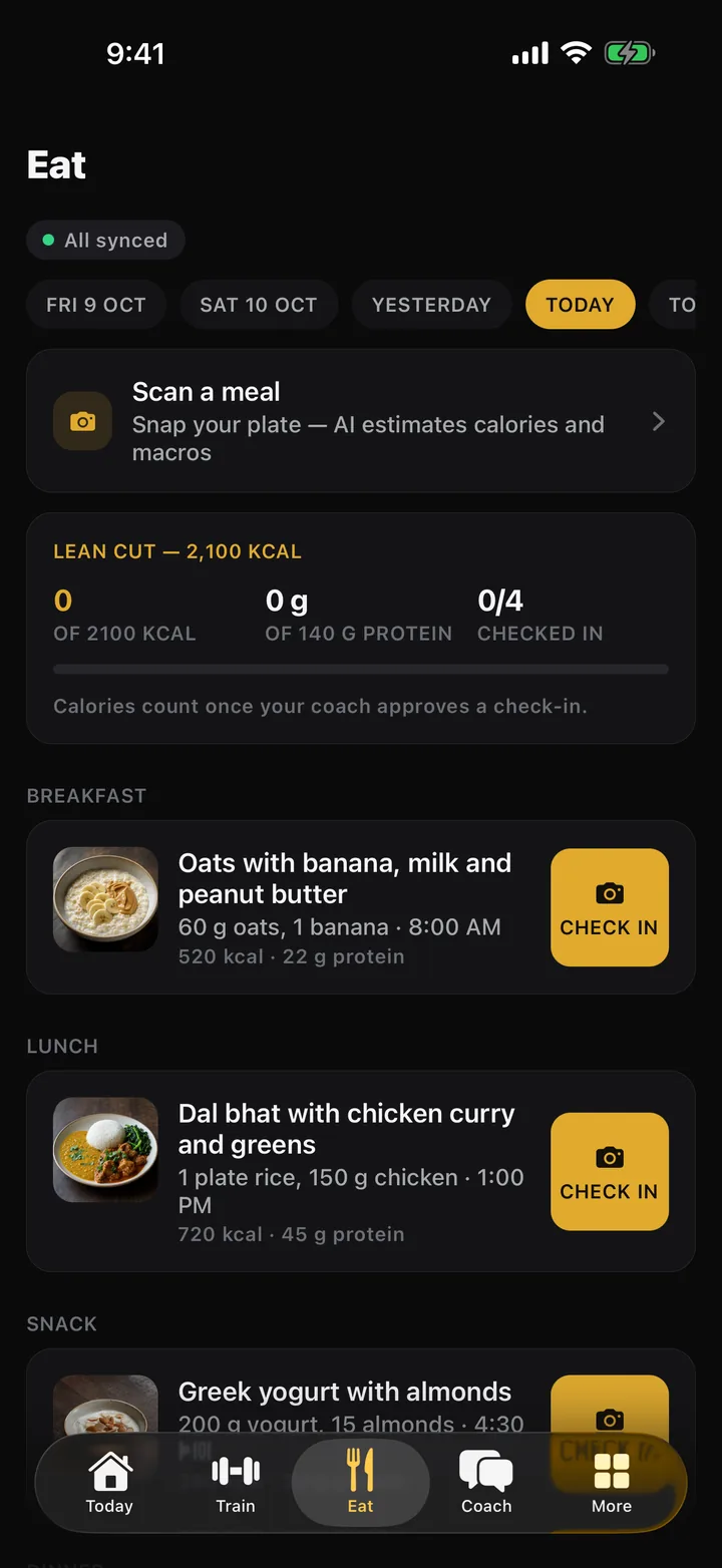 Eat tab with calorie and protein targets, a Scan a meal action and meals waiting for check-in