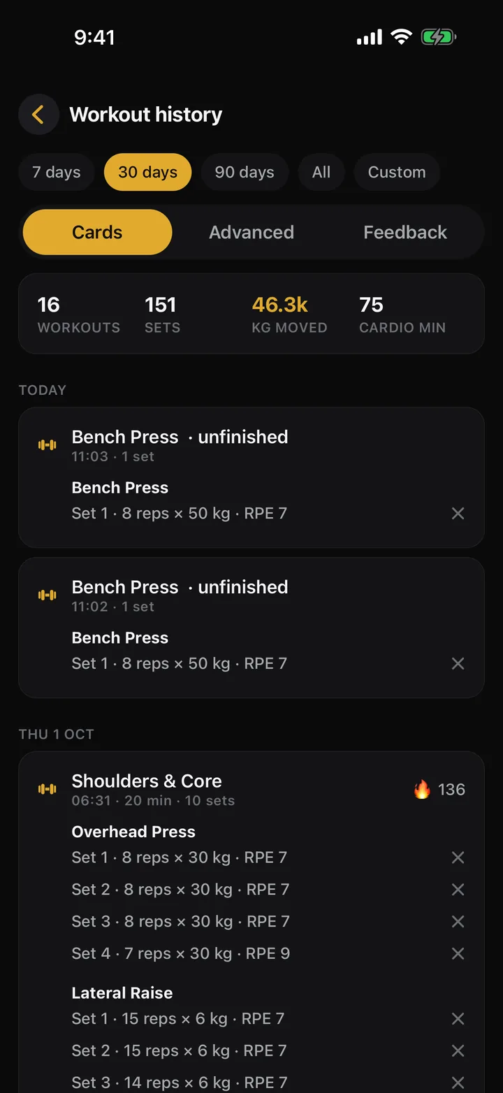 Workout history with each session's sets grouped under their exercise